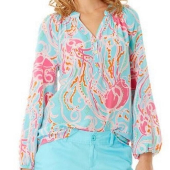 Lilly Pulitzer Tops - Lilly Pulitzer Jellies Be Jammin Popover Top Silk Small Coastal Beachy FLAWED